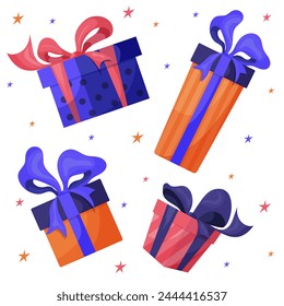  Colorido conjunto de caja de regalo. Ilustración vectorial de lindas cajas de regalo sobre un fondo blanco aislado con estrellas multicolores.