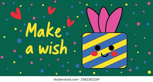 Colorful Gift Box With Smiling Face and Inspirational Birthday Message. A vibrant illustration featuring a cheerful gift box wrapped with yellow and blue stripes, adorned with pink bows and surrounded