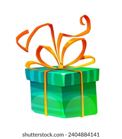 Colorida caja de regalo. Sorpresa o presente en un paquete verde brillante con cinta. Felices saludos de cumpleaños. Icono del juego ui. Premio o premio. Ilustración vectorial 3D de dibujos animados aislada en fondo blanco