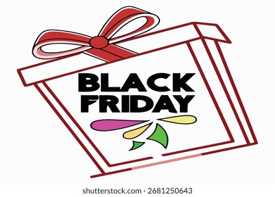 Un colorido Vector de caja de regalo con un audaz texto de “Black Friday” en el interior, que simboliza descuentos, celebraciones y compras navideñas. Ideal para Anuncios de venta festivos, carteles promocionales, campañas de comercio electrónico y