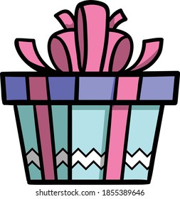 Colorful gift boxe or Christmas present with stripes dots heat and line patterns and knot bow ribbon  color clip art vector illustrationon transparent background