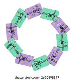 Colorful gift boxes arranged in a circle for a festive celebration or event