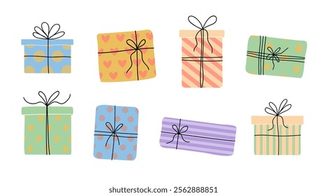 Colorful gift boxes arranged in a playful layout on a white background