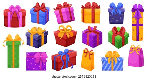 Сollection of colorful gift boxes with beautiful ribbon bows. Vector illustration of cartoon flat cute presents isolated on white background for Christmas, birthday, anniversary, Valentine`s day.