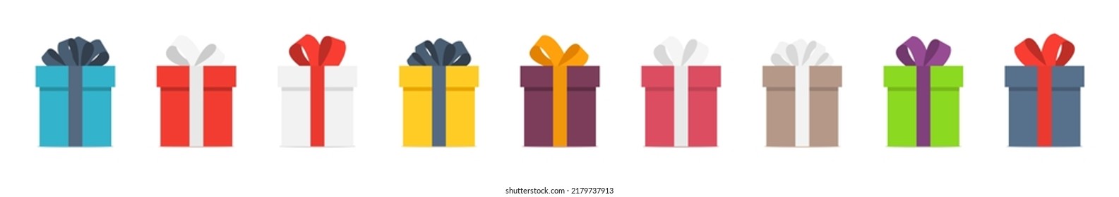 Colorful gift boxes with bow set. Present package with bursting elements, surprise inside. Template design for surprise, celebration event, presents, birthday, Christmas. Vector illustration