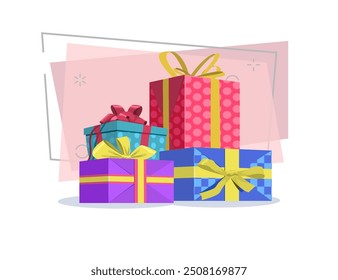 Colorful gift boxes with bow vector illustration. Presents, package, decoration. Festive concept. Can be used for topics like Christmas, New Year, birthday