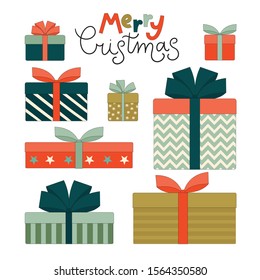 Colorful gift boxes with bows for Christmas. A set of eight isolated objects. Linear vector illustration on white background