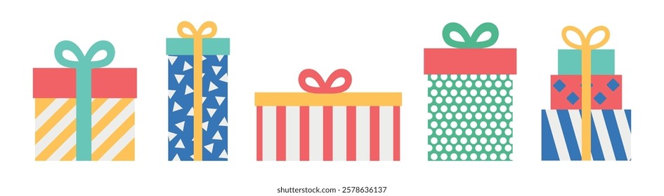 Colorful gift boxes with bows, featuring stripes, polka dots, and geometric patterns. Brightly wrapped presents in shapes and sizes, perfect for celebrations. Party illustrations, isolated vector set.