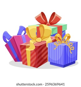 Colorful gift boxes with bows on white background. Vector illustration