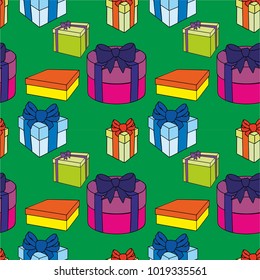Colorful gift boxes with bows and ribbons. Vector seamless illustration.