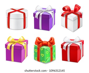 Colorful gift boxes with bows and ribbons. Vector icons set.