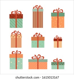 Colorful gift boxes with bows and ribbons. Vector illustration. Set for advertising, banners, advertisements, design, labels.