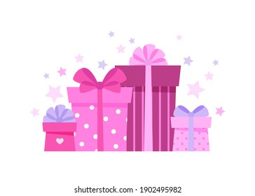 Colorful gift boxes with bows and ribbons. A bunch of boxed surprises with stars. Vector illustration in flat style isolated on white background.