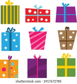 Colorful gift boxes with bows and ribbons vector set. Gift boxes vector illustration