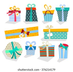 Colorful gift boxes with bows and ribbons vector set. Gift boxes vector illustration. Set of vector Christmas gift box. Christmas box isolated. Christmas and birthday gift box set. Holiday gift box