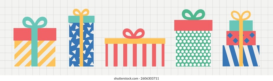 Colorful gift boxes with bows in various patterns and shapes. Presents include stripes, polka dots, and geometric designs. Festive and cheerful gift boxes. Party illustrations, isolated vector set.
