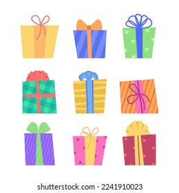 Colorful gift boxes with bows vector illustrations set. Cartoon drawings of presents with ribbons isolated on white background. Christmas, birthday, celebration concept