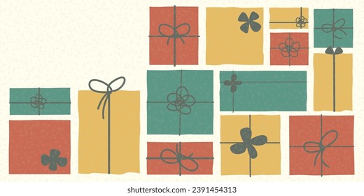 Colorful gift boxes childish style vector illustration have blank space. Merry Christmas and Happy New Year greeting card template.