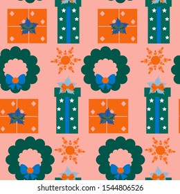 Colorful gift boxes and christmas decorations in a seamless pattern design, perfect to use on the web or in print