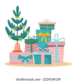 Colorful gift boxes and Christmas tree for holiday celebrations. Gifts for Christmas, New Year. Vector illustration for print or web