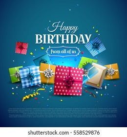 Colorful Gift Boxes And Confetti On Blue Background. Birthday Template