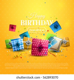 Colorful gift boxes and confetti on orange background. Birthday template
