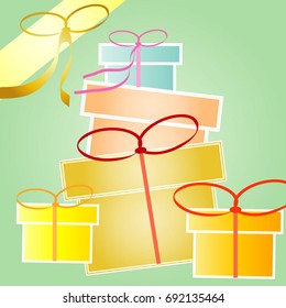 Colorful gift boxes decorated with bow ribbons and jewelry. Many holiday gifts Vector flat pattern image on a light green background.