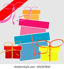 Colorful gift boxes decorated with ribbons and bow decorations. Holiday gifts, multi-pattern vector flat on a light gray background.
