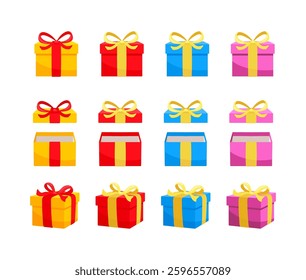 Colorful gift boxes with gold ribbons are waiting to be opened