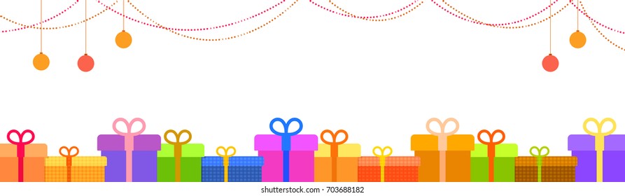 Colorful gift boxes, and hanging Xmas balls. Merry Christmas celebrations web banner.