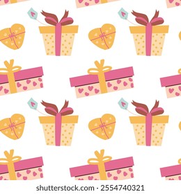 Colorful gift boxes and hearts pattern on white background.