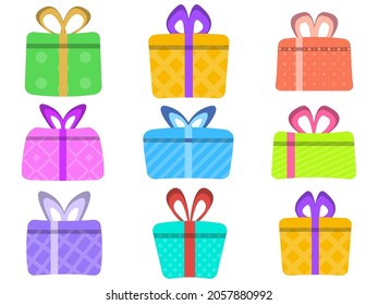 Colorful gift boxes icon set isolated on white background. Gift boxes in flat style. Design for posters, banners and promotional materials. Vector illustration
