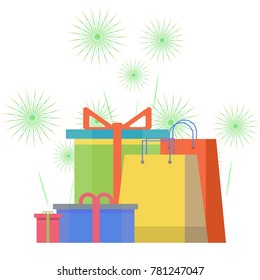 Colorful gift boxes on background with fireworks 