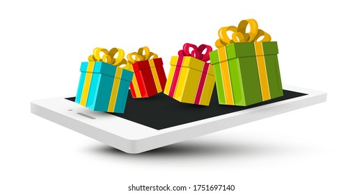 Colorful Gift Boxes on Mobile Phone Isolated on White Background - Vector