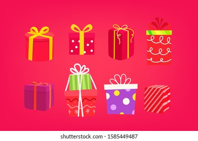 Colorful gift boxes on red background