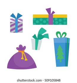 Colorful gift boxes on white background. Christmas presents and bag. Decorative stylish wrap for presents package on boxes with ribbons and bows in New Year style. Gifts web icon sign symbol. Vector