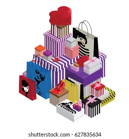 Colorful gift boxes and paper bags on white background.