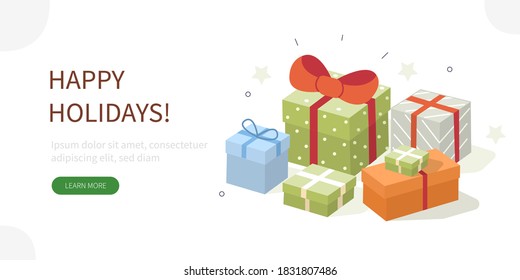 Colorful Gift Boxes Pile decorated with Bows and Ribbons.  Different Holidays Presents Set. Merry Christmas and Happy Hew Year Concept. Flat Isometric Vector Illustration. 