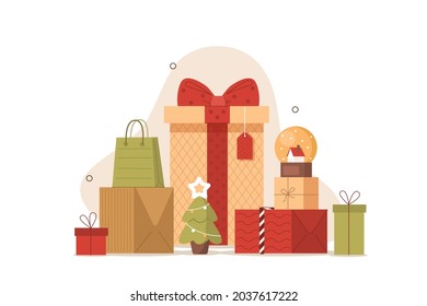 Colorful gift boxes pile decorated with bows and ribbons. Different holidays presents set. Merry Christmas and Happy Hew Year concept. Flat cartoon vector illustration isolated.