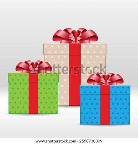 colorful gift boxes with polka dots and red ribbon bow. 3d style, design for giveaway, surprise, holiday. Vector illustration. stock illustration
