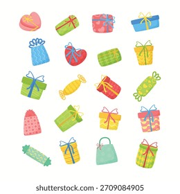 Cajas de regalo de colores y regalos con cintas y patrones Ilustración Colección