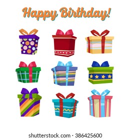 Colorful Gift Boxes and Presents Set with Ribbons. Vector illustration