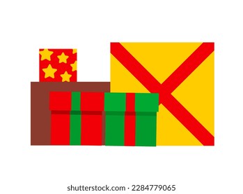 Colorful gift boxes. Presents and surprises, symbol of New Year and Christmas, winter holidays. Poster or banner for website. Sale and discount. Cartoon flat vector illustration