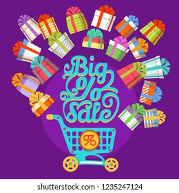 Colorful Gift Boxes with Ribbon Bow and Shopping Cart with Discount Sign on Background with Big Sale Text. Vector Isolated of Trolley and Christmas Gifts, Packed Surprises for New Year Holidays