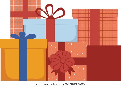 Cajas de regalo coloridas cintas celebración festiva. Pila envuelta regalos cumpleaños sorpresa de vacaciones. Regalos apilados colorido envoltorio punteado patrones arcos