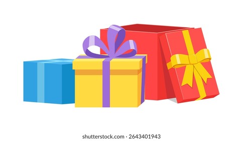 Colorful gift boxes with ribbons, open and closed presents, festive surprise.