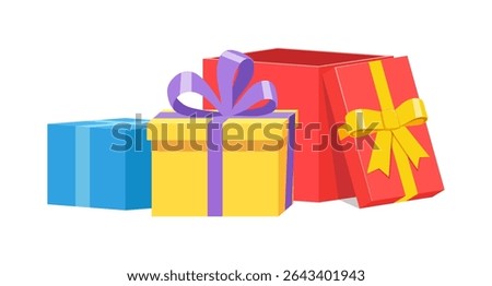Colorful gift boxes with ribbons, open and closed presents, festive surprise.