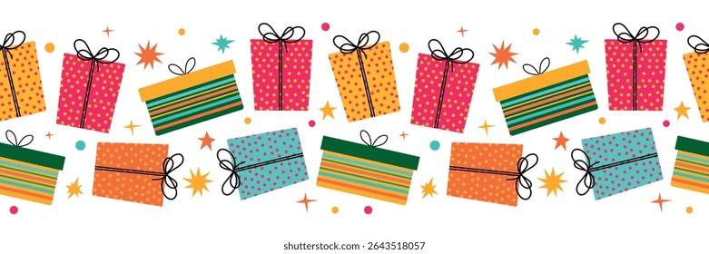 Colorful Gift Boxes Seamless Border. Vivid vector illustration featuring colorful gift boxes adorned with ribbons and patterns.