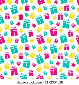 Colorful gift boxes seamless pattern. Holidays background. Colored flat present icons. Repeat texture. Vector illustration. Can use for baby showers, holidays design, birthday decoration