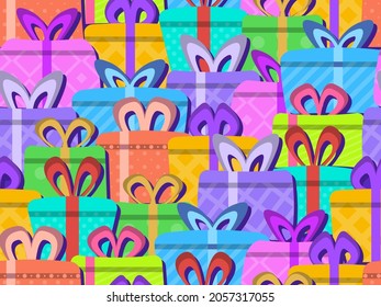 Cuadros de regalo coloridos patrón sin fisuras. Colección de varias cajas de regalo en estilo plano. Diseño festivo para postales, papel envolvente, banners y materiales promocionales.